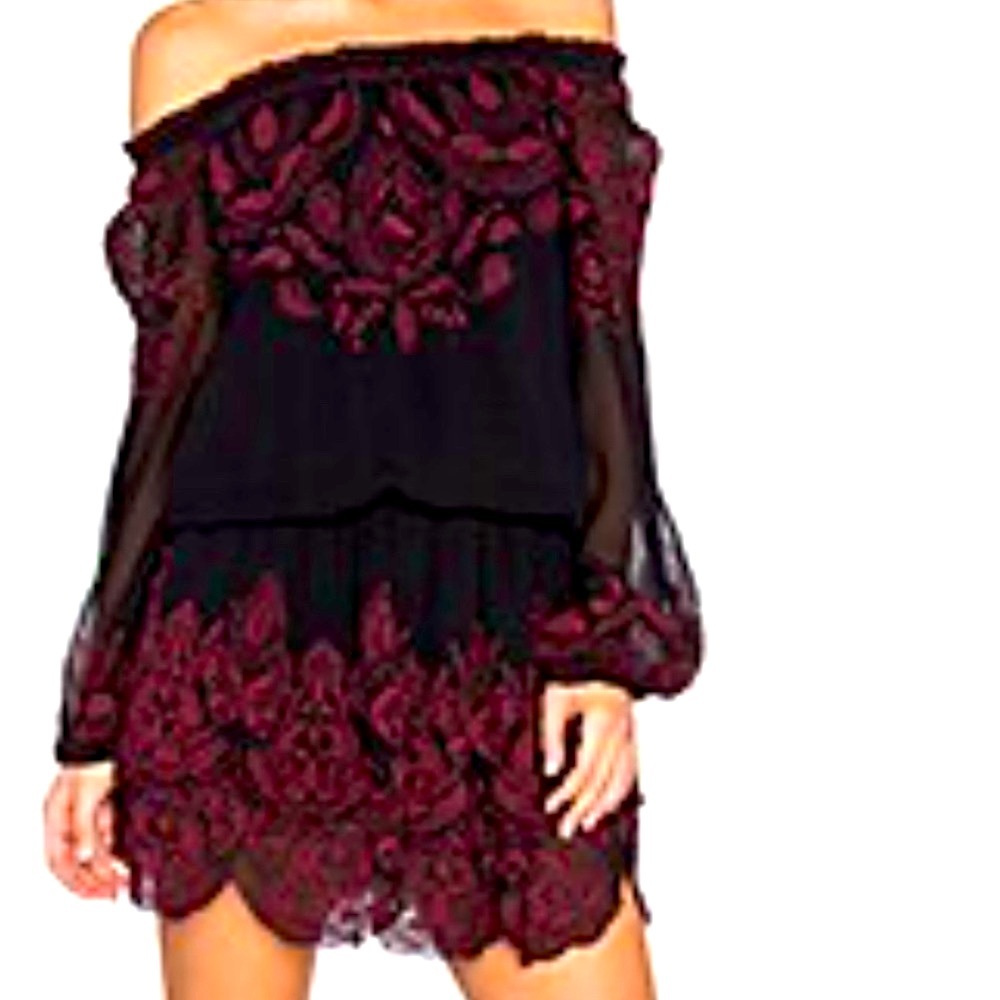 Joie Cassopia Dress in Caviar & Cabernet, black with red embroidery, size S